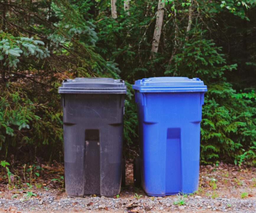 A black and blue bin stand in front of trees.